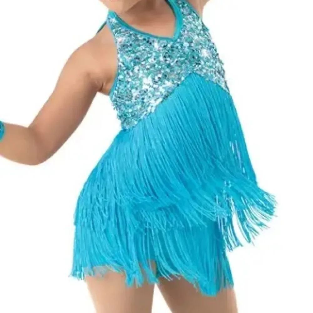 Weissman dance costume aqua blue sequin fringe flapper Little Brown Jug 10425 SC